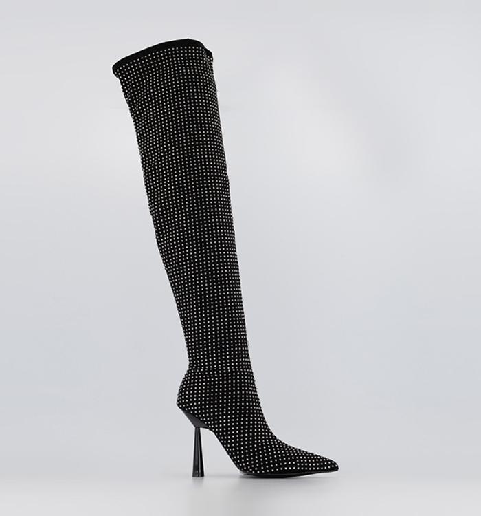 OFFICE Kami Over The Knee Point Stiletto Boots Black Diamante