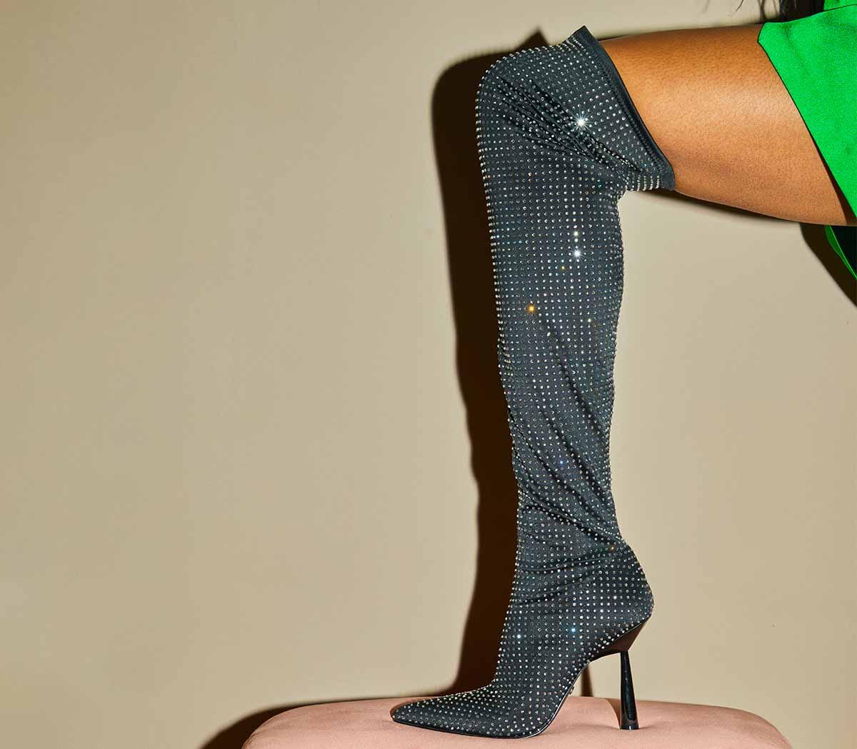 OFFICEKami Over The Knee Point Stiletto BootsBlack Diamante