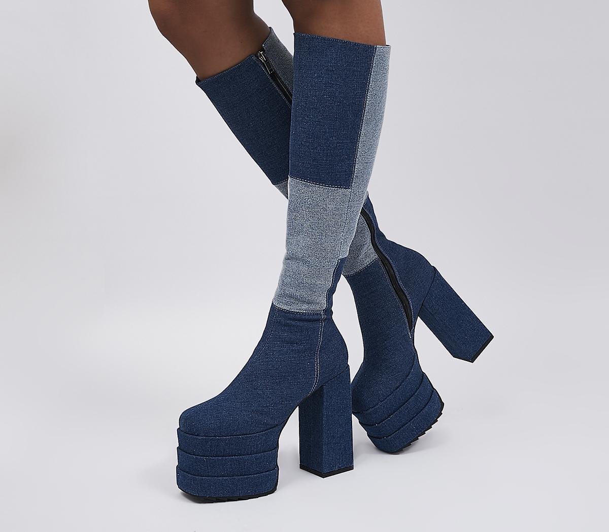 Platform Knee High Boots Blue Denim