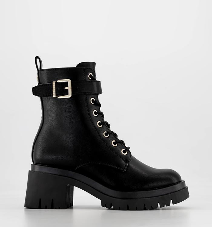 OFFICE Aura Buckle Lace Up Cleated Heel Boots Black
