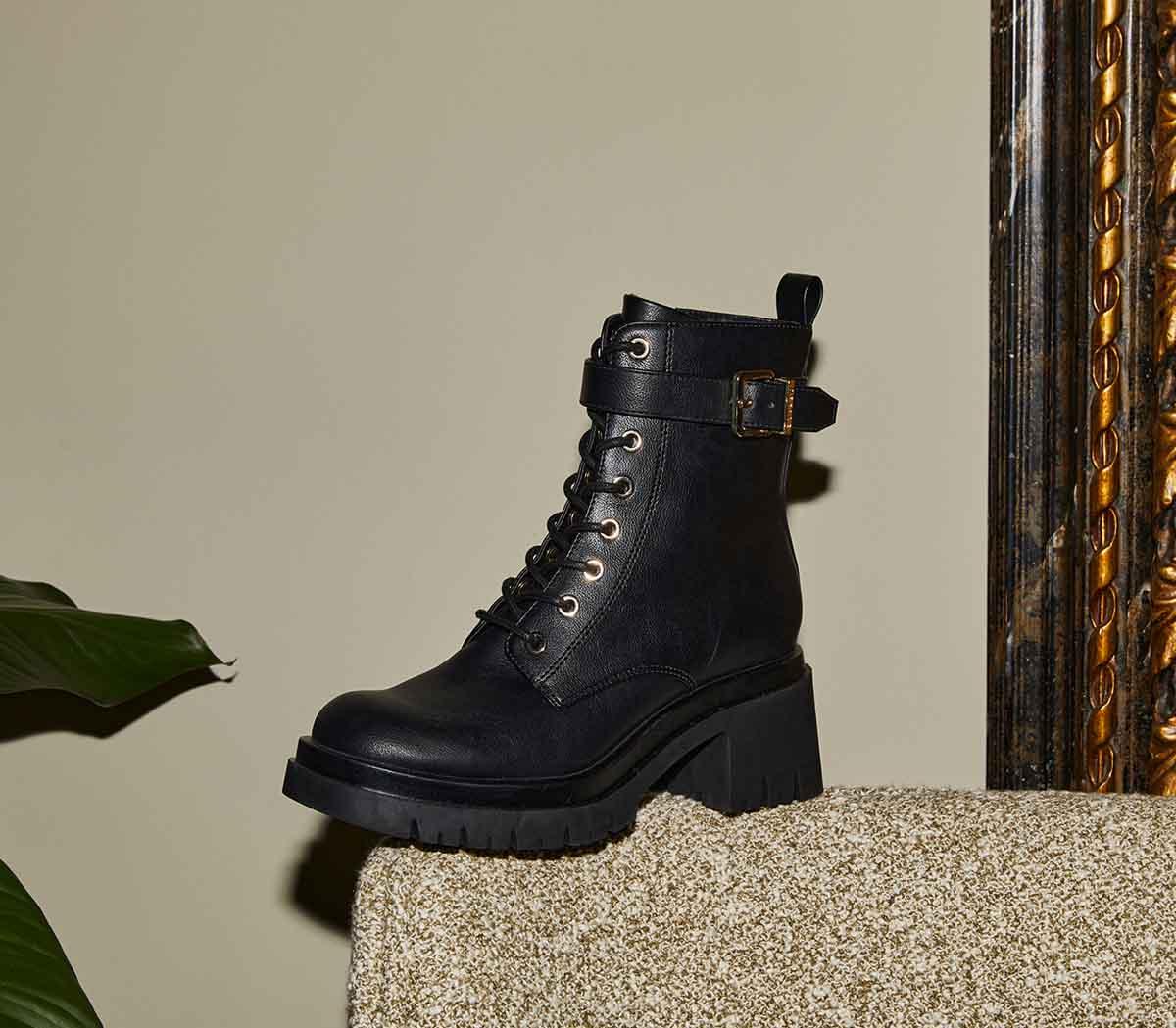OFFICEAura Buckle Lace Up Cleated Heel Boots OFFICEAura Buckle Lace Up Cleated Heel BootsBlack