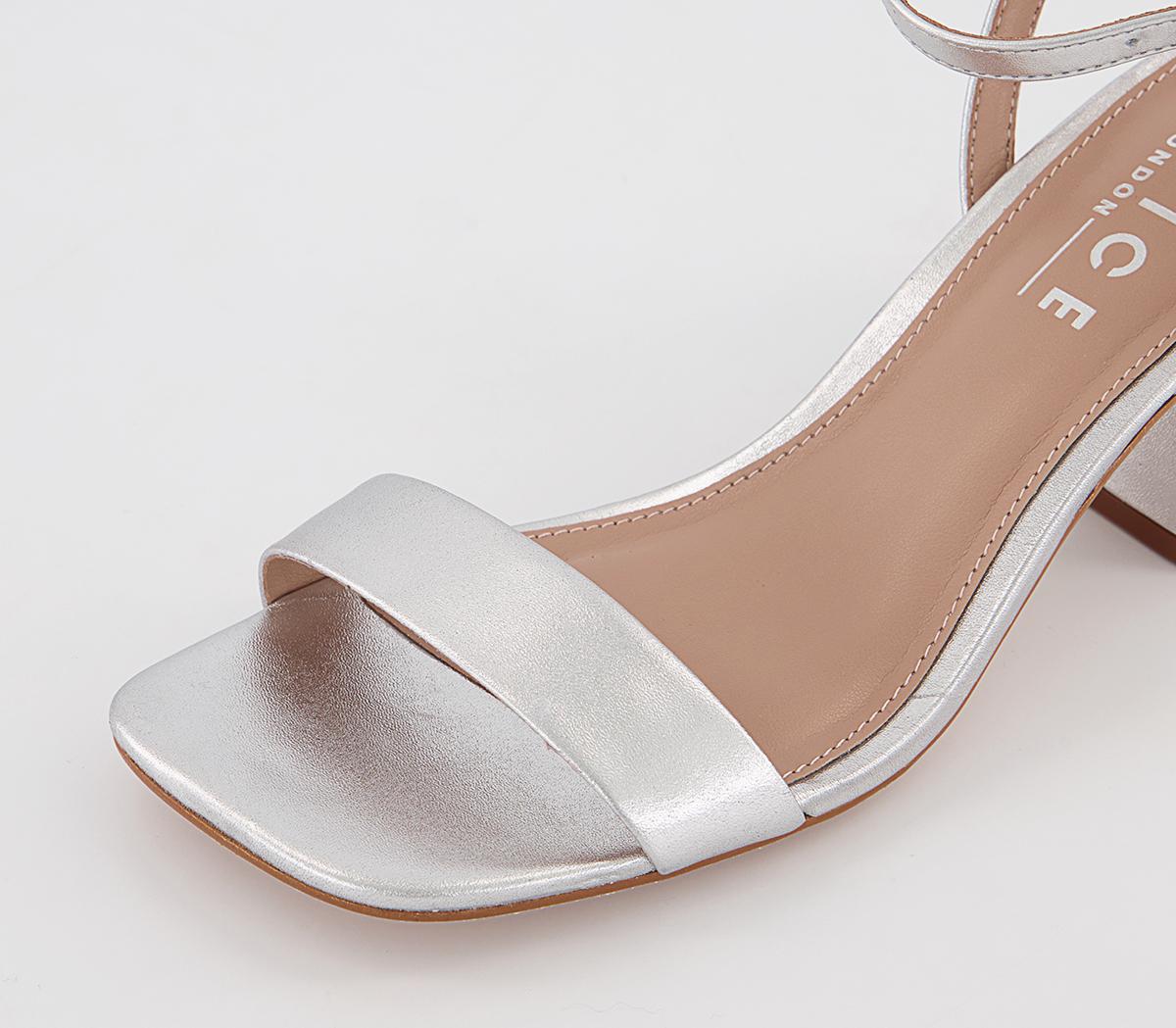 OFFICE Marina Ankle Strap Low Block Heels Silver Leather Mid Heels