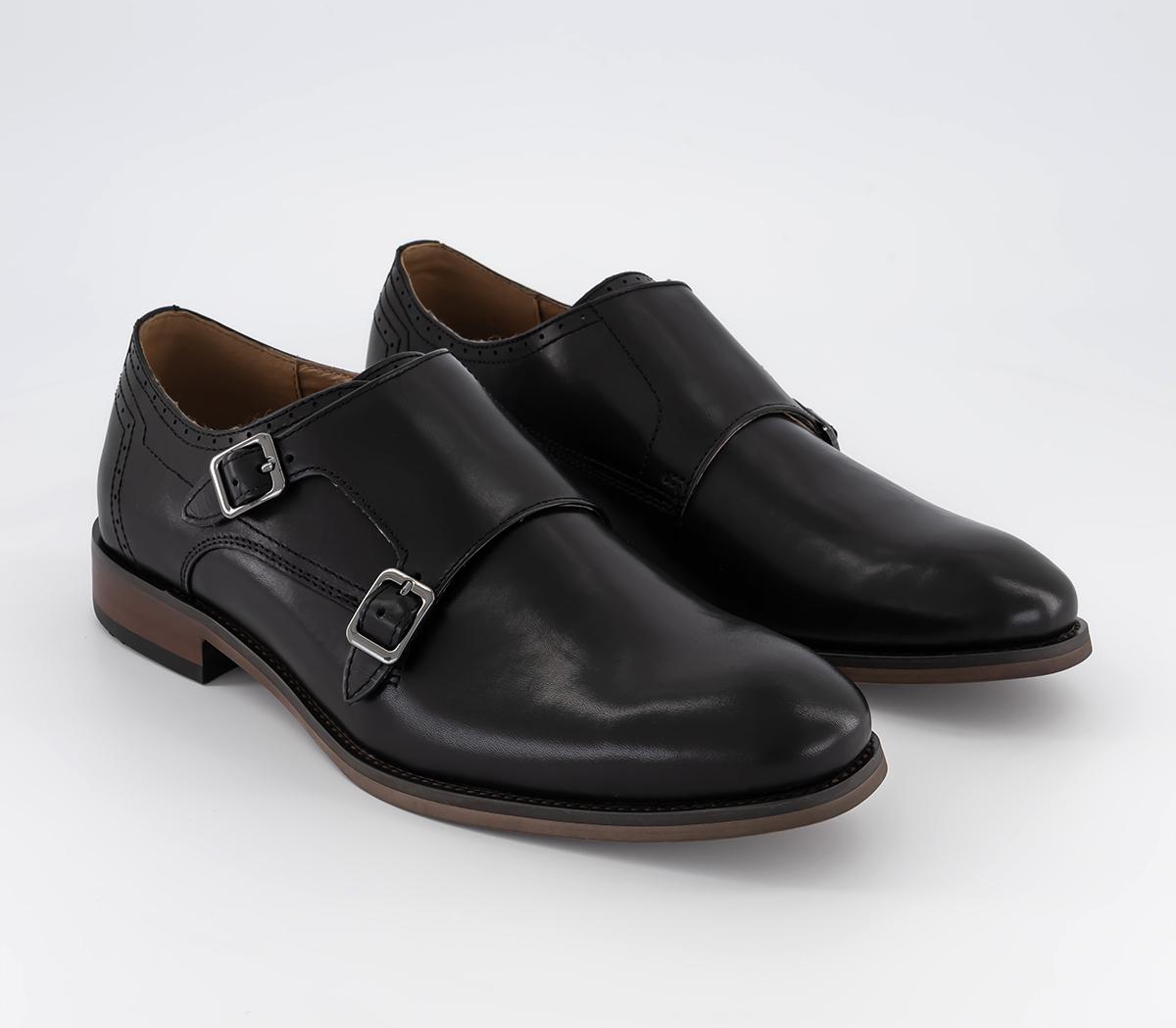 OFFICE Mens Maverick Plain Roundtoe Double Monk Shoes Black Leather, 7