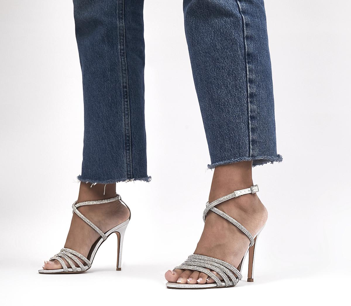 Silver two strap outlet heels