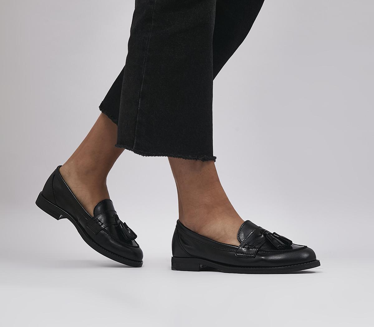 Office fisher chunky black hot sale leather fringed buckle loafers