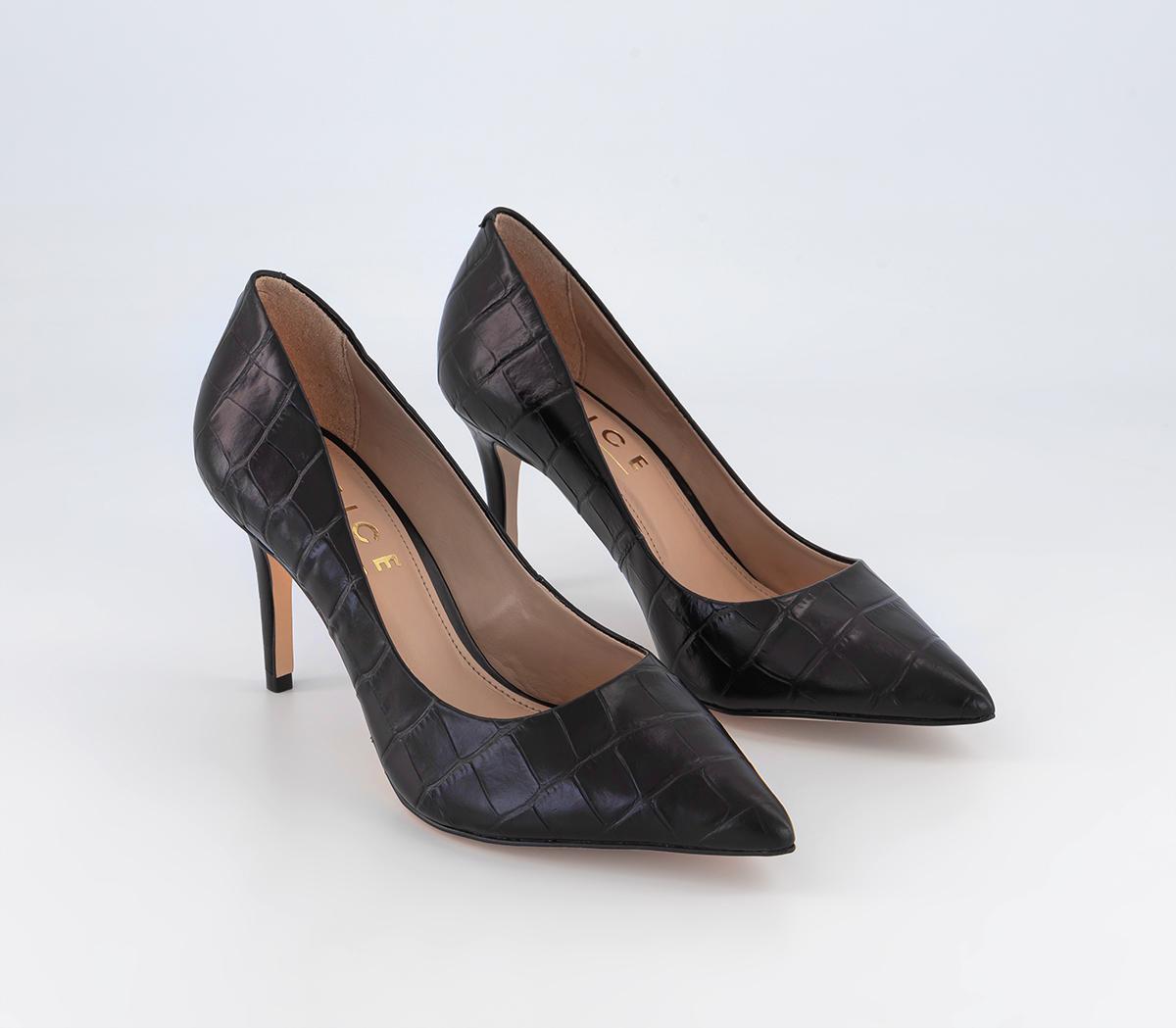 OFFICE Midlander Pointed Mid Heel Courts Black Embossed Leather - Mid Heels