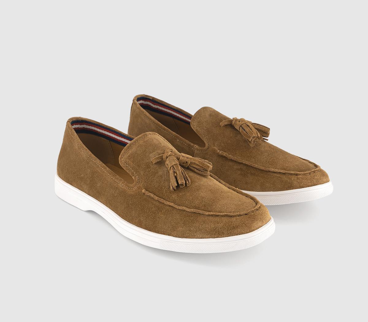 OFFICECalvin Tassel White Outsole LoafersTan Suede