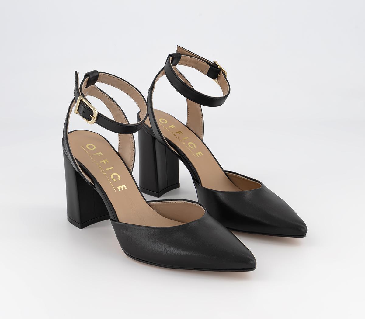 OFFICE Matilda Ankle Strap Court Heels Black Leather Mid Heels