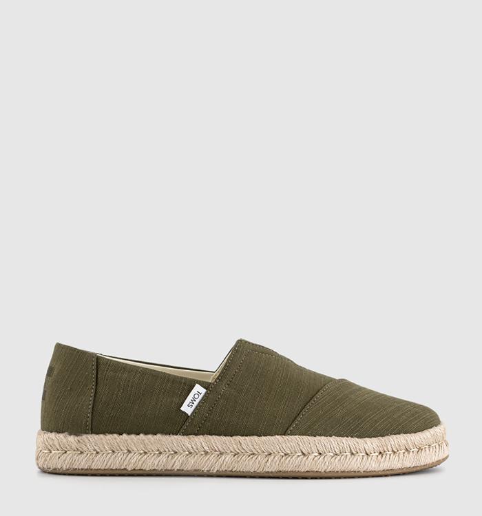 TOMS Alpargata Rope 2.0 Slip Ons Olive Recycled Cotton Slubby Woven