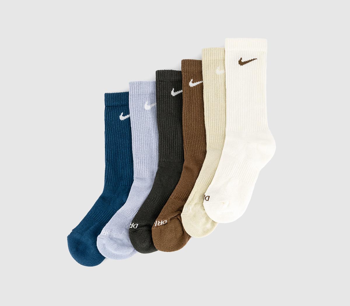 NikeCrew Socks 6 PairNavy Brown Cream