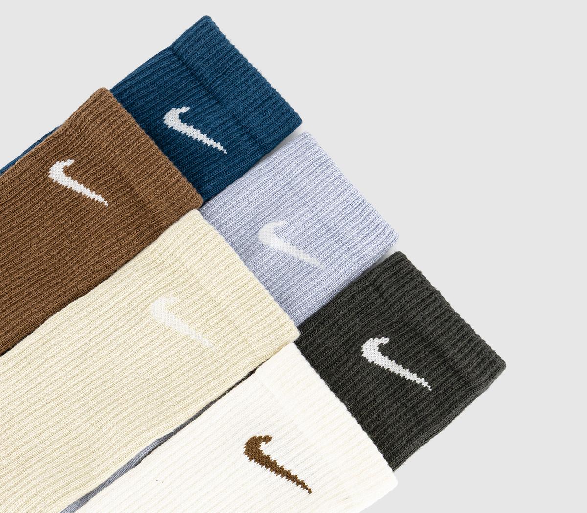 NikeCrew Socks 6 PairNavy Brown Cream