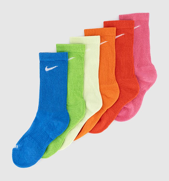 Nike Crew Socks 6 Pair Bright Green Pink Red Multi
