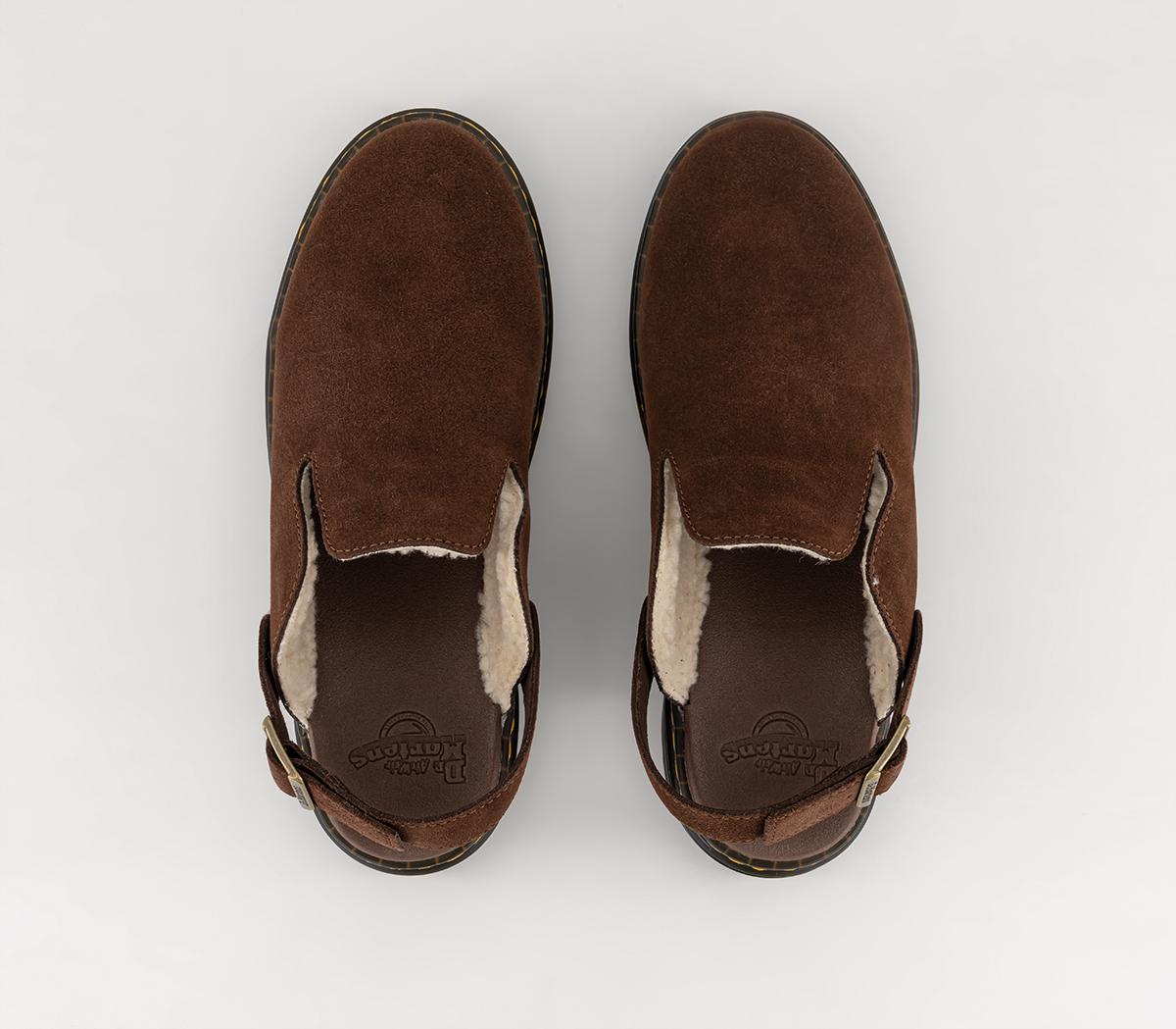 Dr. Martens Carlson Lined Mules Dr. Martens Carlson Lined Mules Dark Brown Suede Cream Shearling