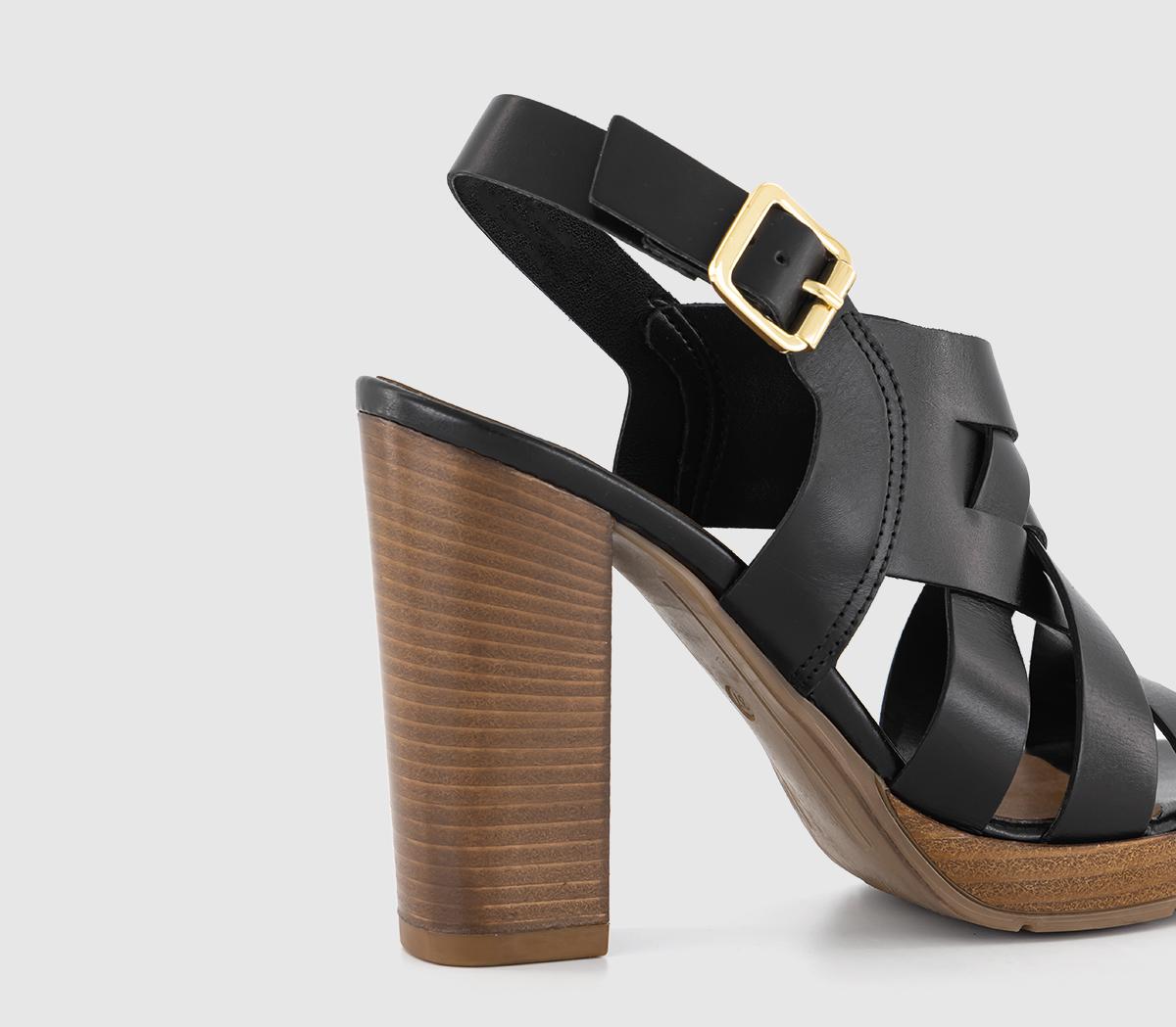 OFFICEHoliday Woven Upper Wooden Block HeelsBlack Leather