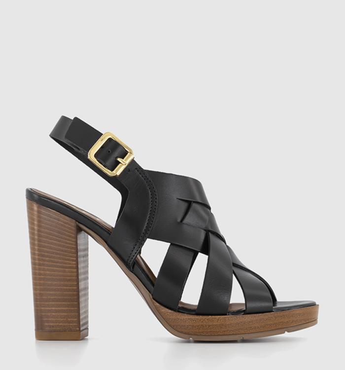 OFFICE Holiday Woven Upper Wooden Block Heels Black Leather