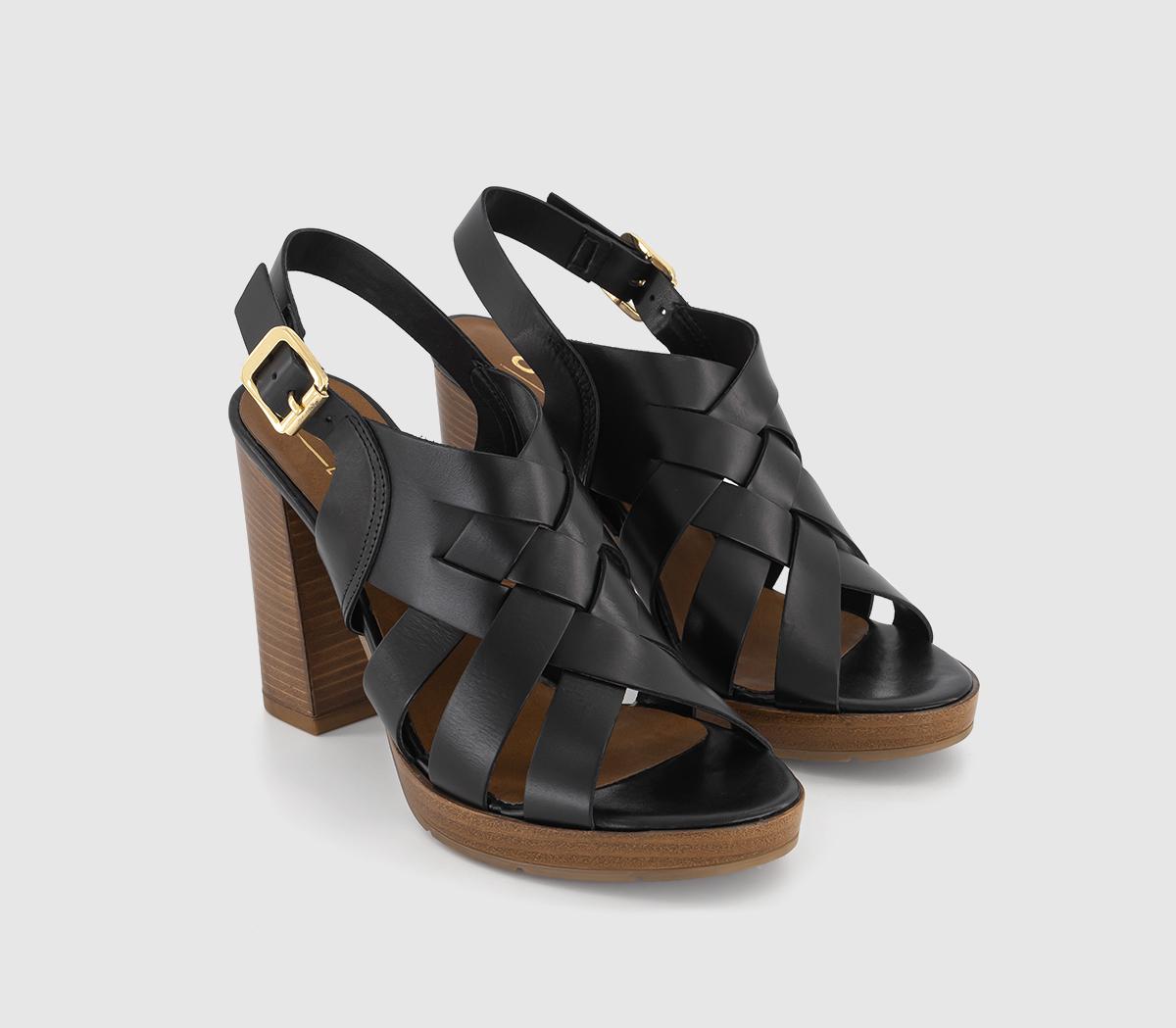 OFFICEHoliday Woven Upper Wooden Block HeelsBlack Leather