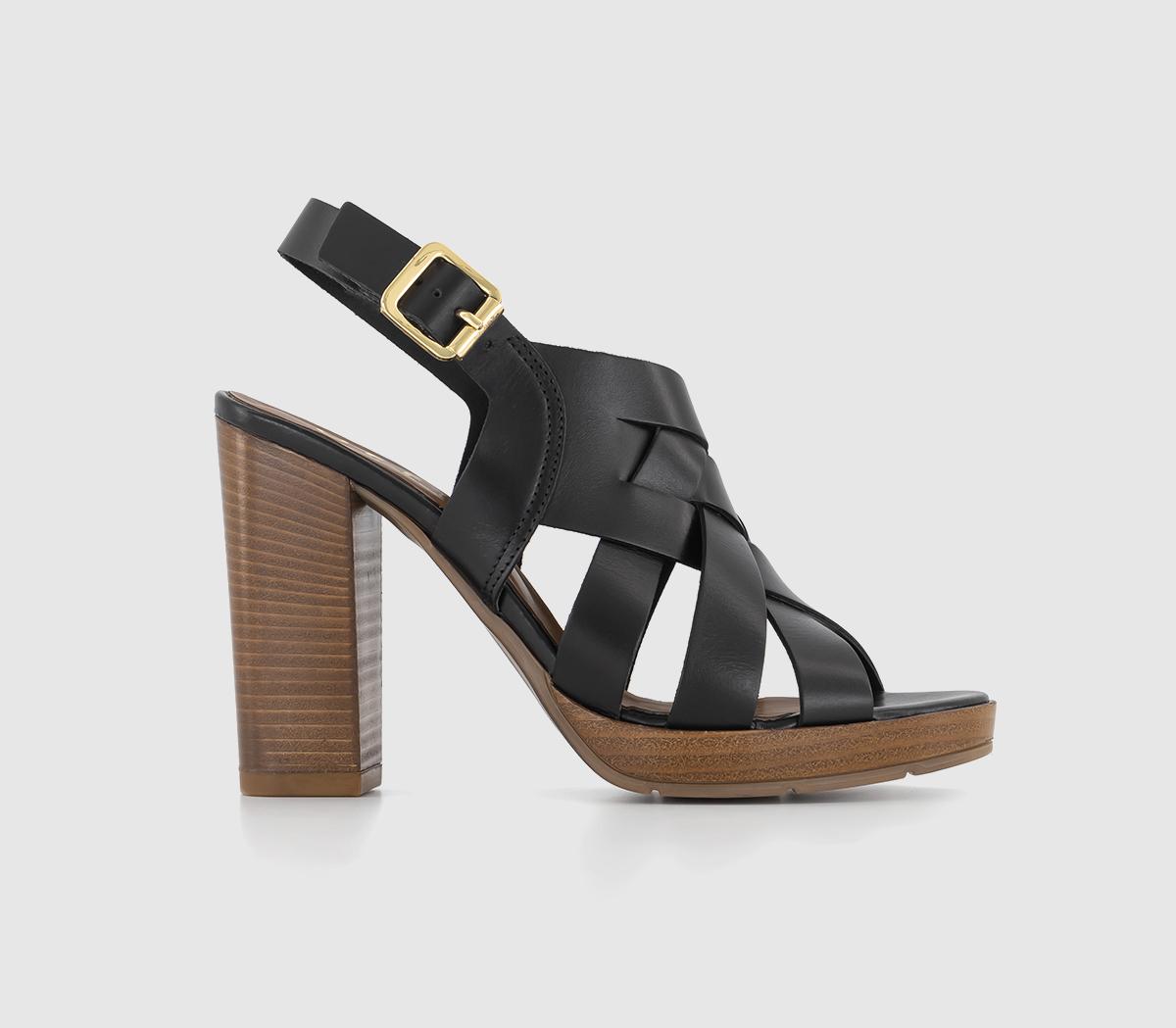 OFFICEHoliday Woven Upper Wooden Block HeelsBlack Leather