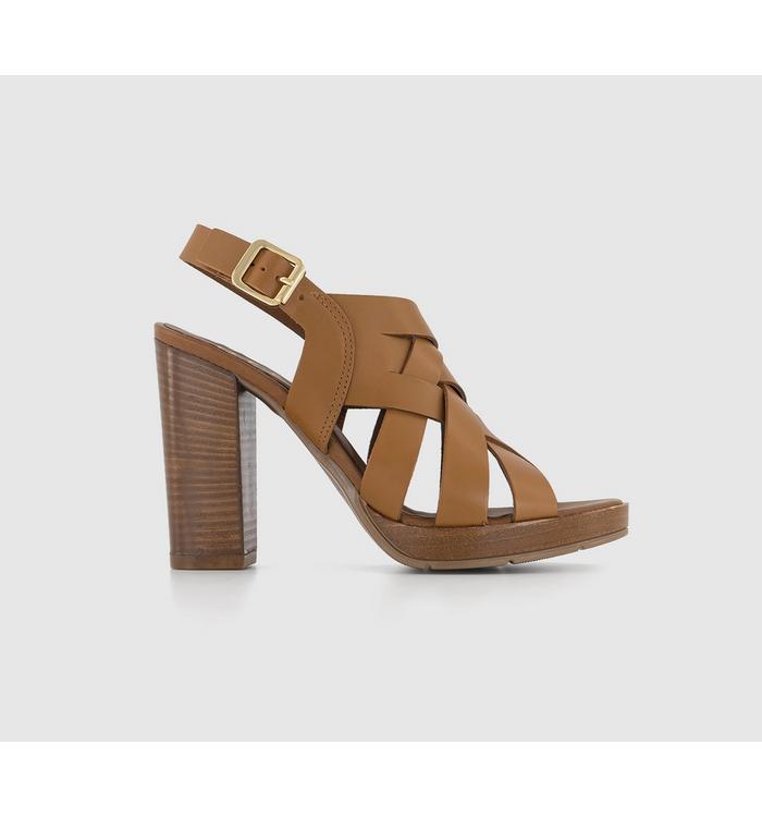 OFFICE Holiday Woven Upper Wooden Block Heels Tan Leather