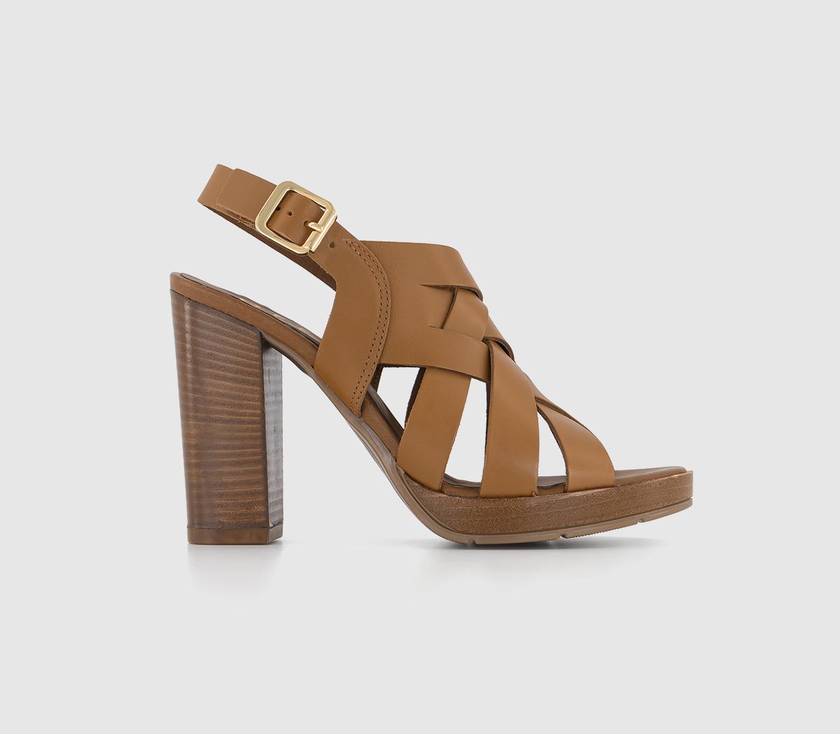 Holiday Woven Upper Wooden Block Heels Tan Leather
