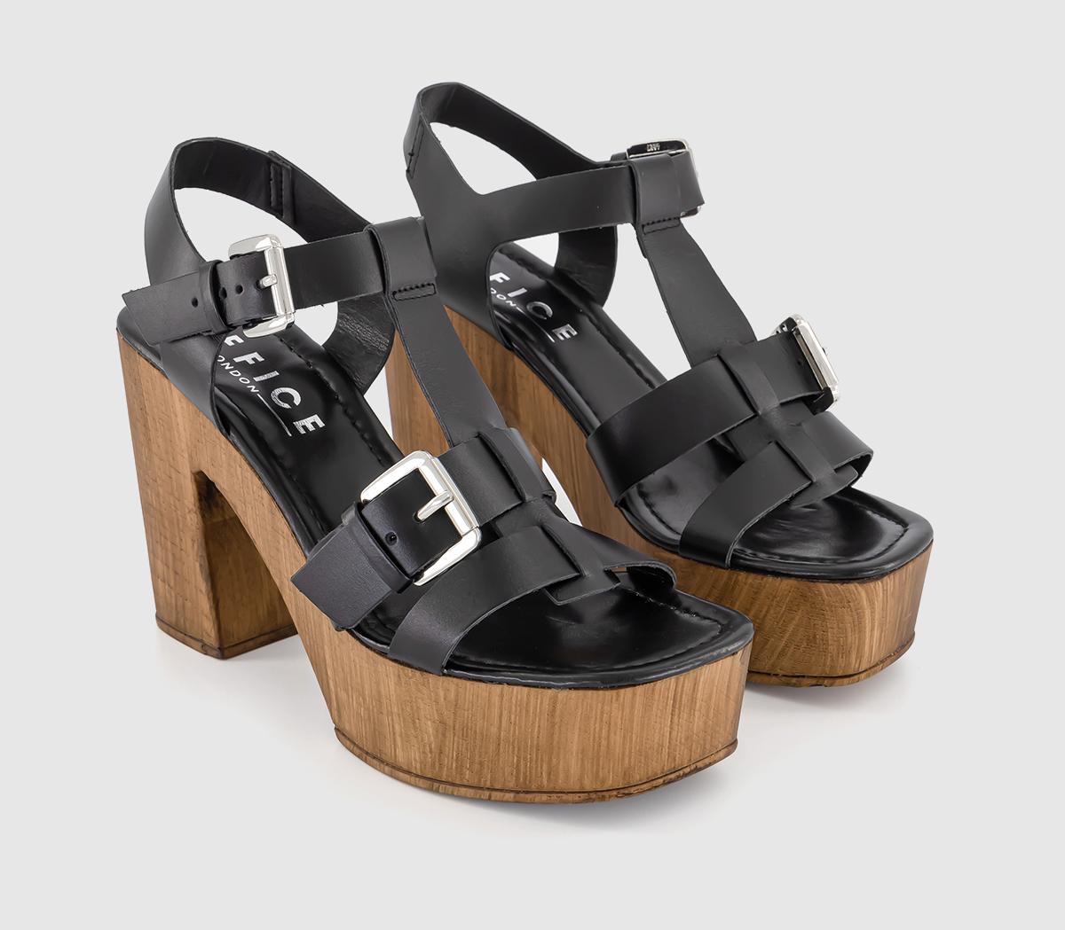 OFFICE Hawaii T Bar Platform Sandals Black Leather - High Heels