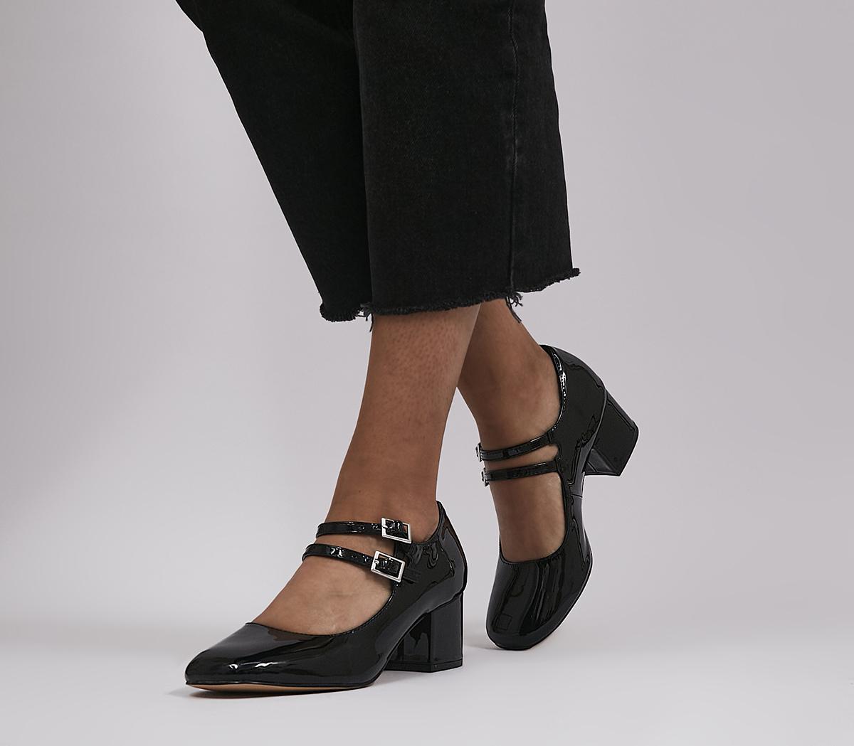 Black Patent Flared Block Heel Mary Jane Shoes | New Look