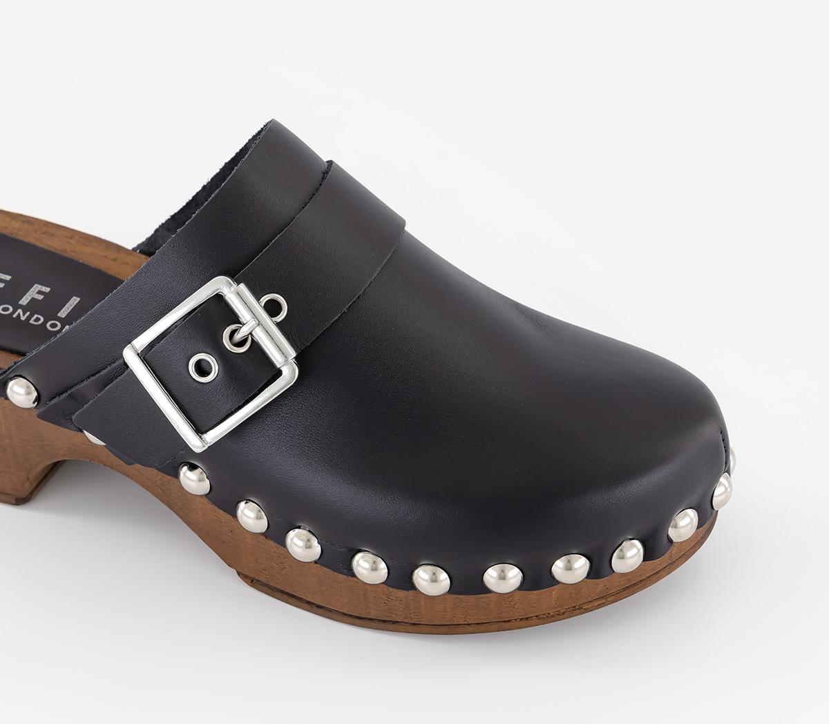 OFFICE Magda Clog Mules Black Leather Mid Heels