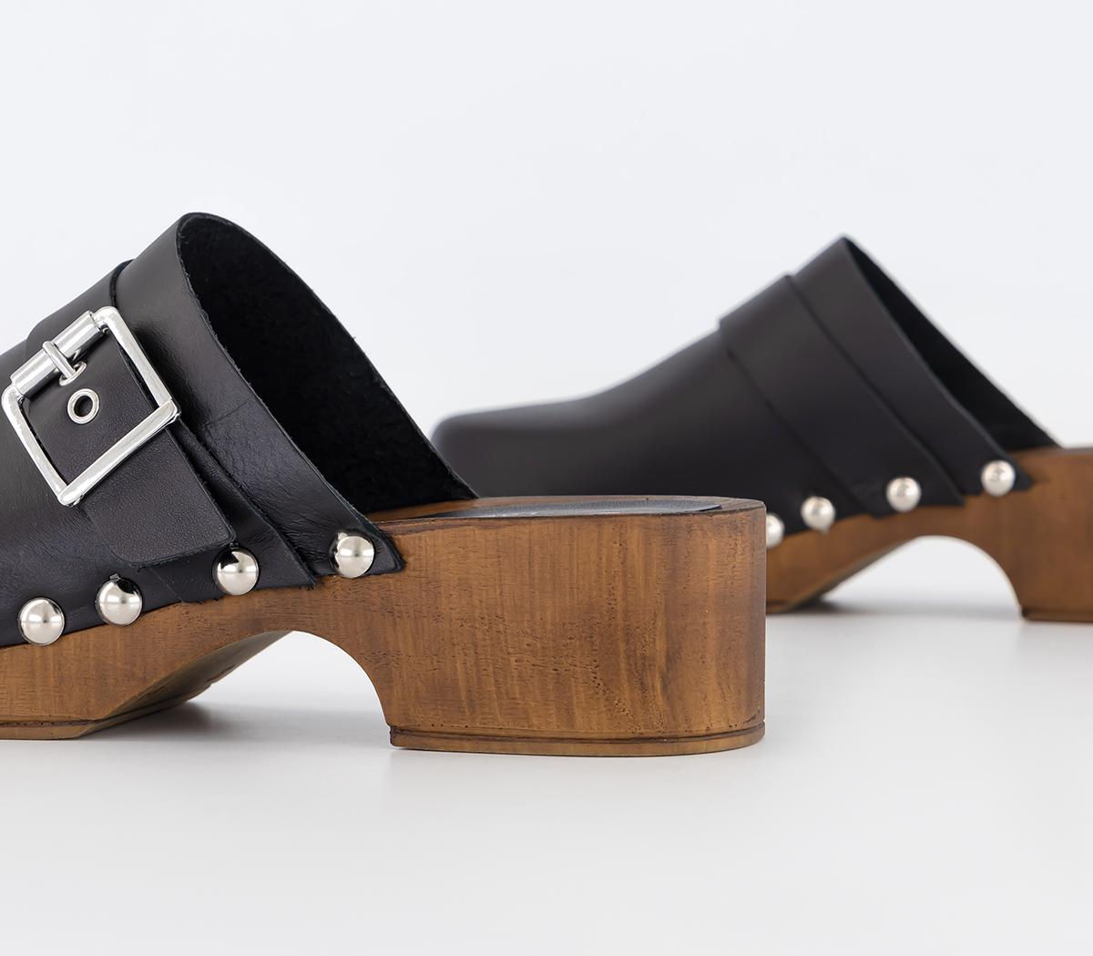 Office Magda Clog Mules Black Leather Mid Heels