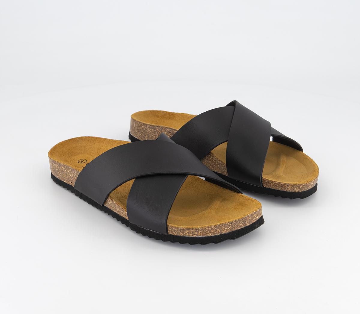 OFFICE Sugar Cross Over Cork Footbeds Black Flat Shoes for Women