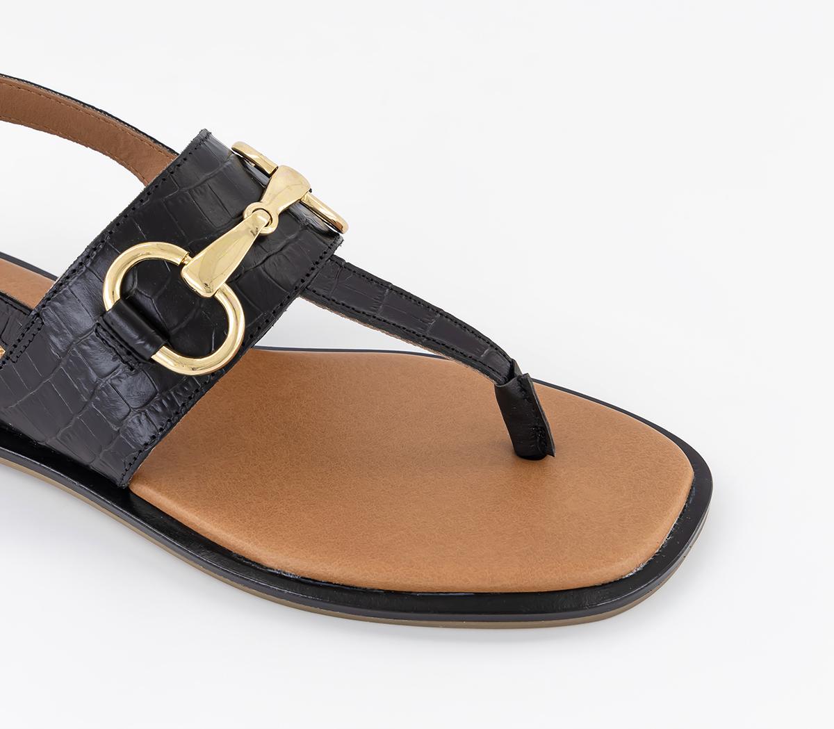 OFFICESafari Croc Embossed Leather Trim T Bar SandalsBlack Leather