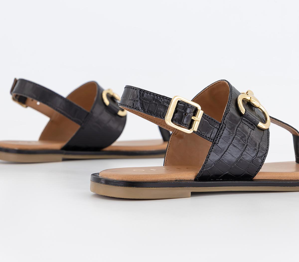 OFFICESafari Croc Embossed Leather Trim T Bar SandalsBlack Leather