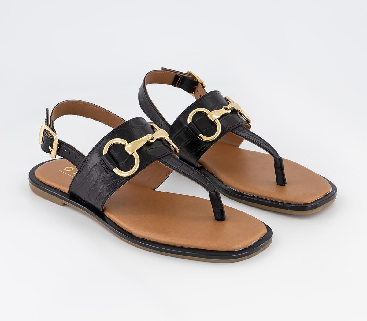 OFFICESafari Croc Embossed Leather Trim T Bar SandalsBlack Leather