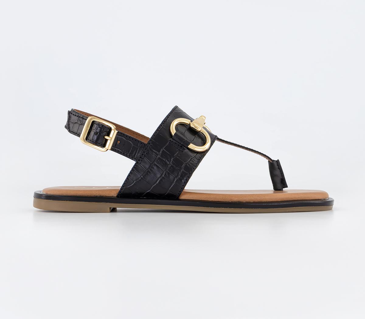 OFFICESafari Croc Embossed Leather Trim T Bar SandalsBlack Leather