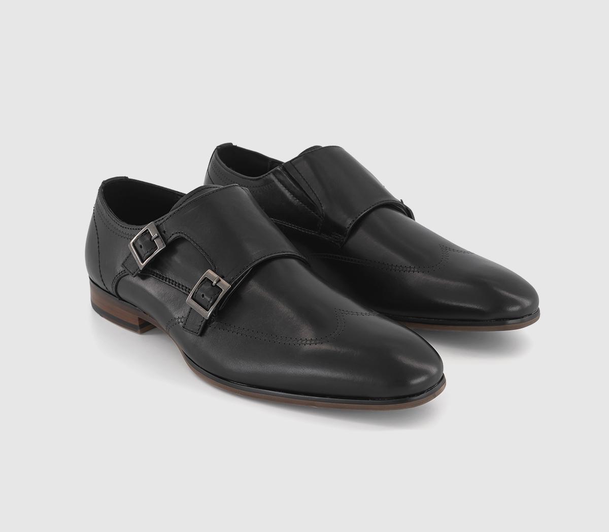 OFFICE Marseille Leather Double Strap Monk Shoes Black Leather - Men’s ...