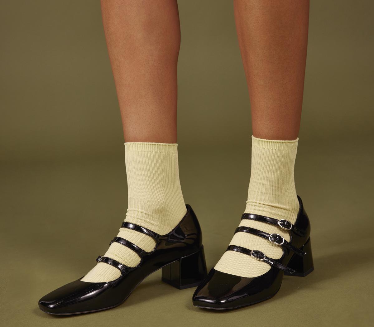 OFFICE Marvel Triple Strap Mary Jane Block Heels Black Patent - Mid Heels