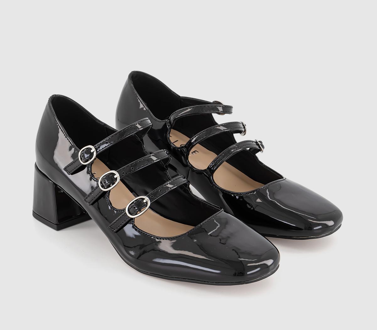 OFFICE Marvel Triple Strap Mary Jane Block Heels Black Patent - Mid Heels