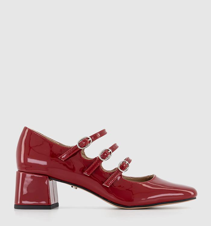 OFFICE Marvel Triple Strap Mary Jane Block Heels Red Patent