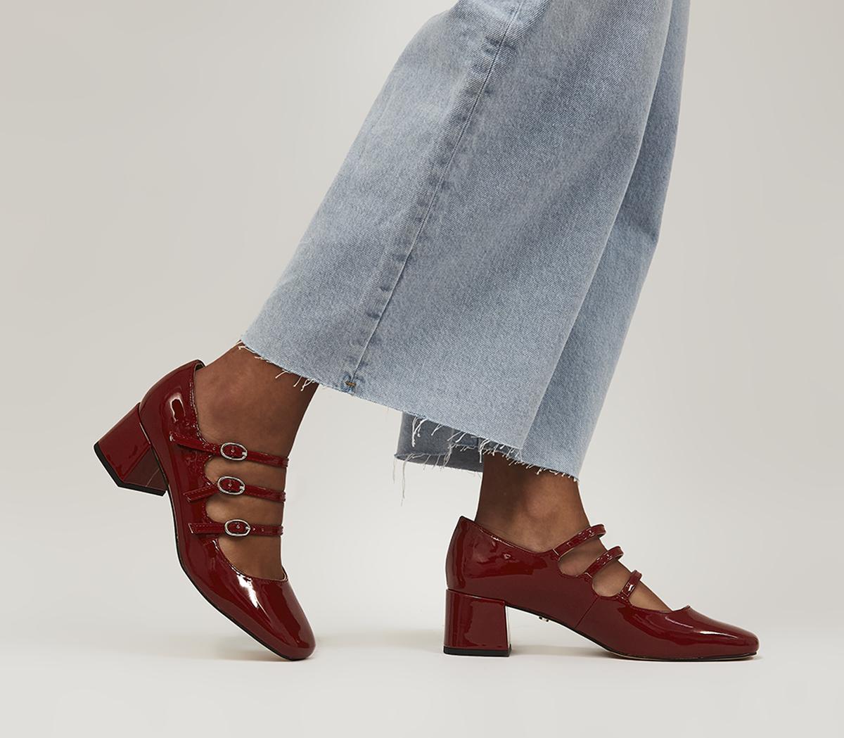 OFFICEMarvel Triple Strap Mary Jane Block HeelsRed Patent