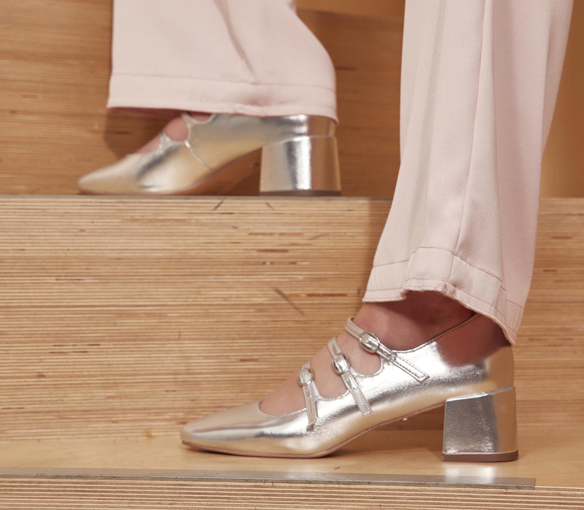 OFFICEMarvel Triple Strap Mary Jane Block HeelsSilver