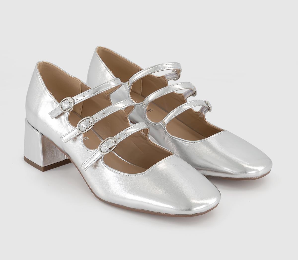 OFFICEMarvel Triple Strap Mary Jane Block HeelsSilver