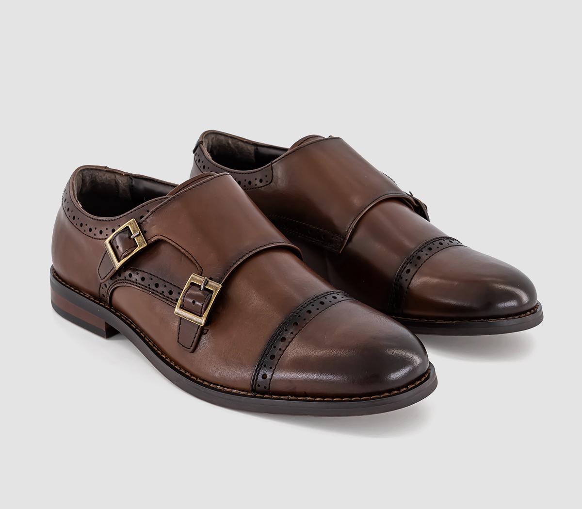 OFFICE Mens Myles Double Strap Monk Shoes Brown Leather, 8