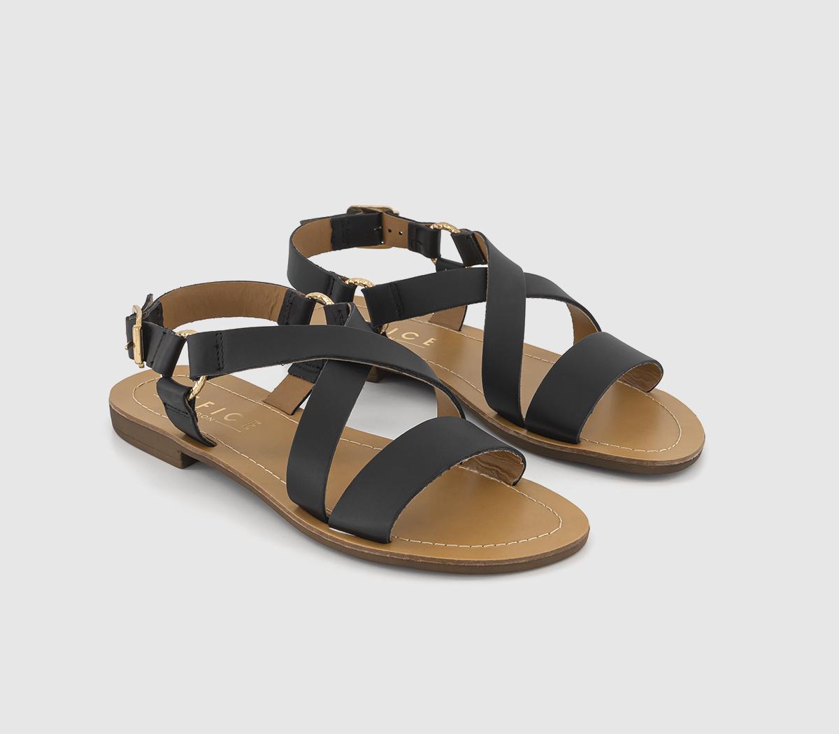 OFFICE Sequence Cross Over Flat Sandals Black Leather - Women’s Sandals