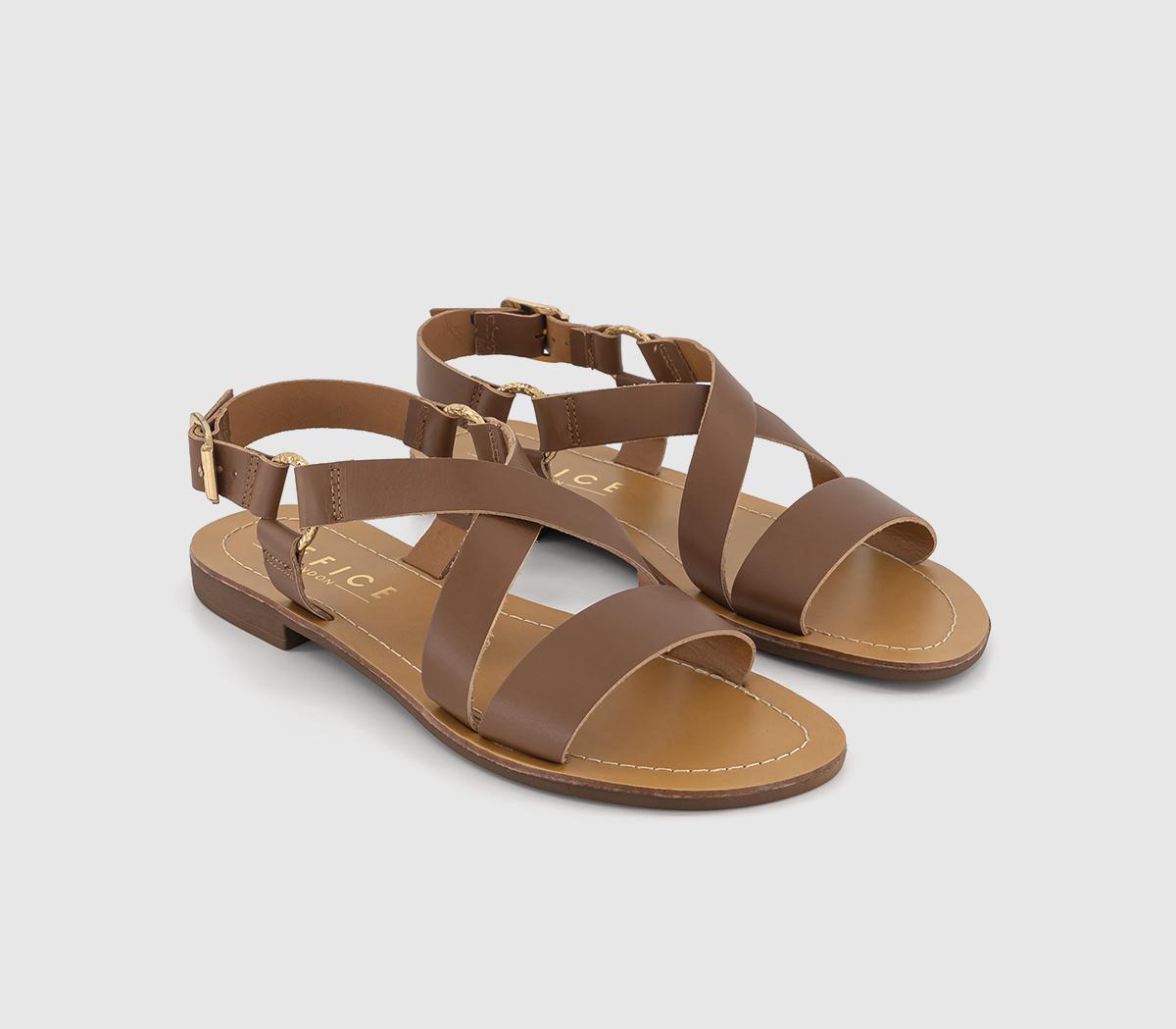 OFFICE Womens Sequence Cross Over Flat Sandals Tan Leather, 4