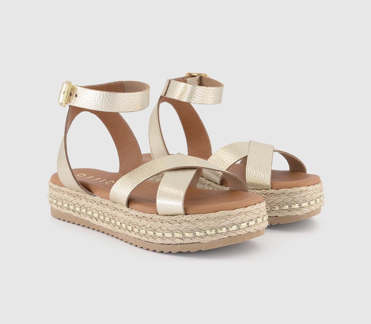 OFFICESassy Cross Strap Espadrille Flatforms OFFICESassy Cross Strap Espadrille FlatformsNew Gold Leather
