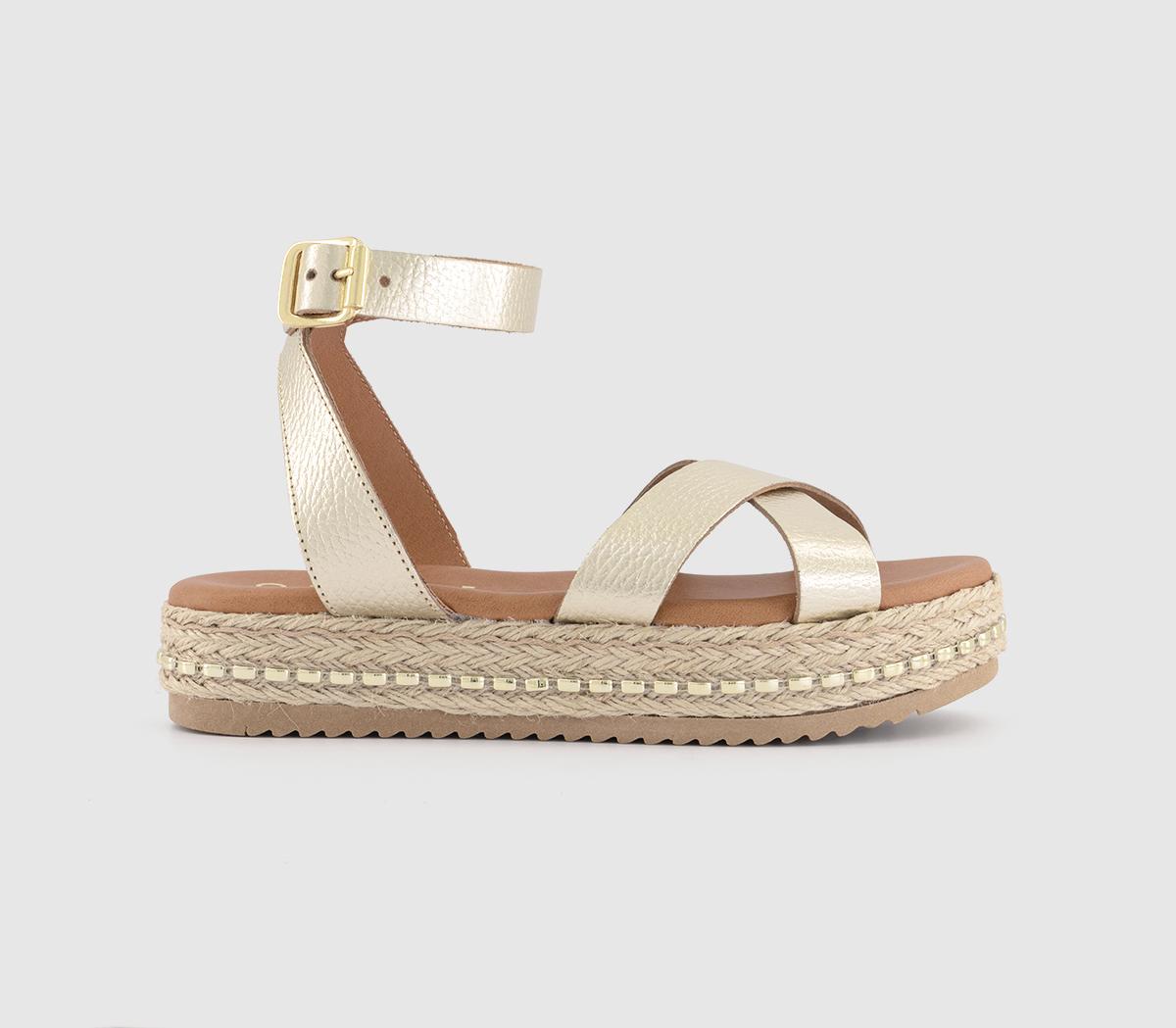 OFFICESassy Cross Strap Espadrille FlatformsNew Gold Leather