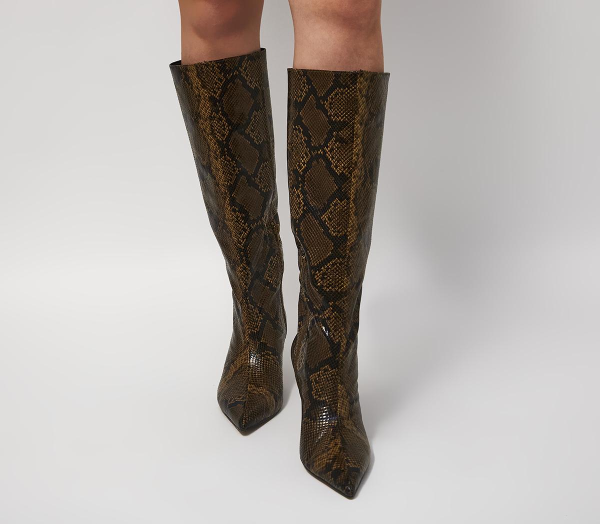 OFFICE Karly Kitten Heel Knee Boots OFFICE Karly Kitten Heel Knee Boots Brown Snake
