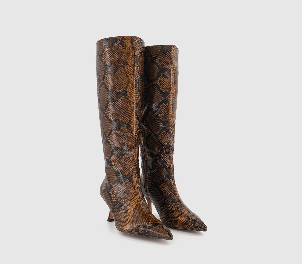 OFFICE Karly Kitten Heel Knee Boots OFFICE Karly Kitten Heel Knee Boots Brown Snake