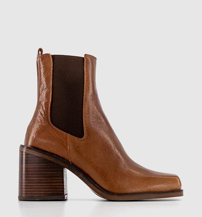 OFFICE Alice Square Toe Heeled Chelsea Boots Tan Leather