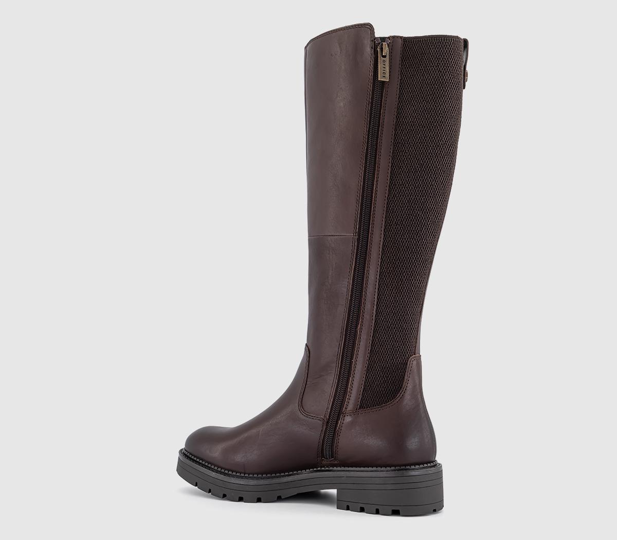 OFFICEKara Elastic Back Cleated Knee BootsChoc Brown Leather
