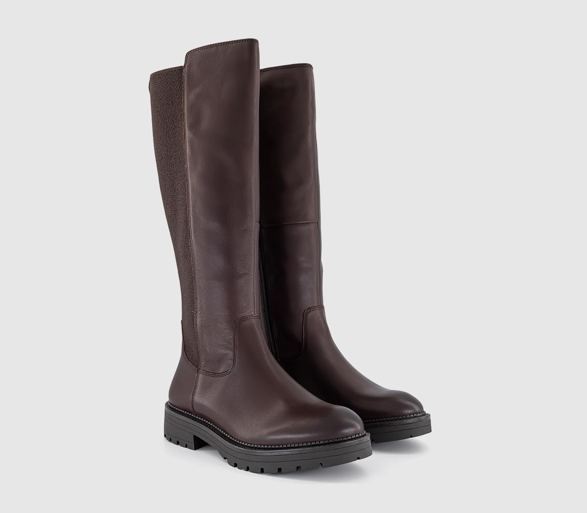 OFFICEKara Elastic Back Cleated Knee BootsChoc Brown Leather