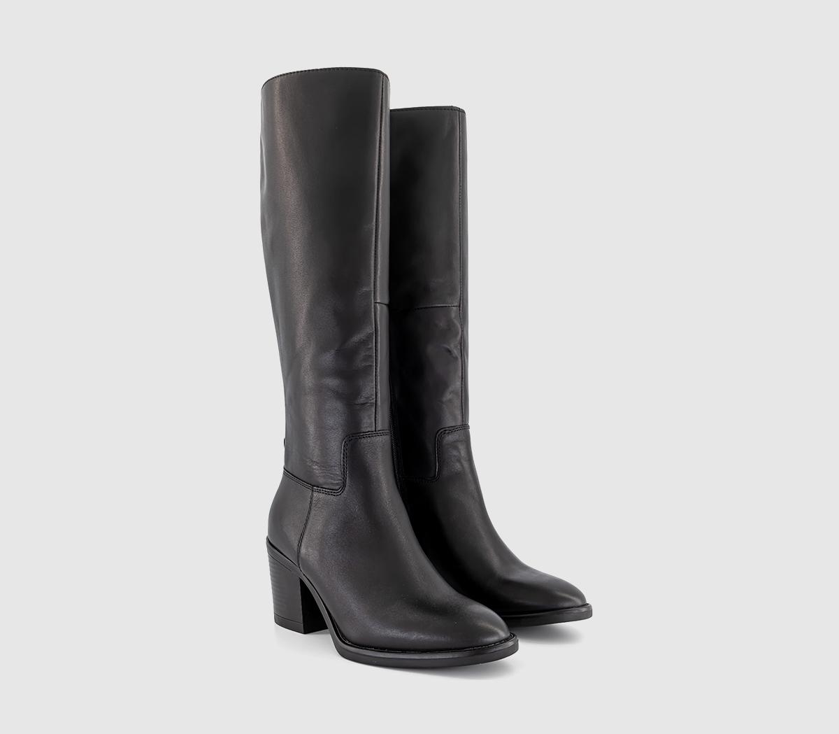 OFFICE Kamille Round Toe Block Heel Boots Black Leather - Knee High Boots